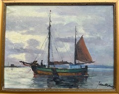 Impressionist Johan Kock 1869-1944 Evening Sea with Fishing Boat Oil Painting