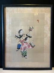 Hand Painted Silk Fabric „Immortals of Harmony and Union“ Flying Bat Art China