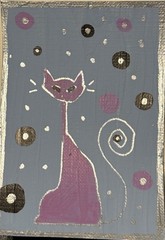 Original ACEO Pink Cosmic Cat Acrylic Painting Whimsical OOAK Artist TradingCard