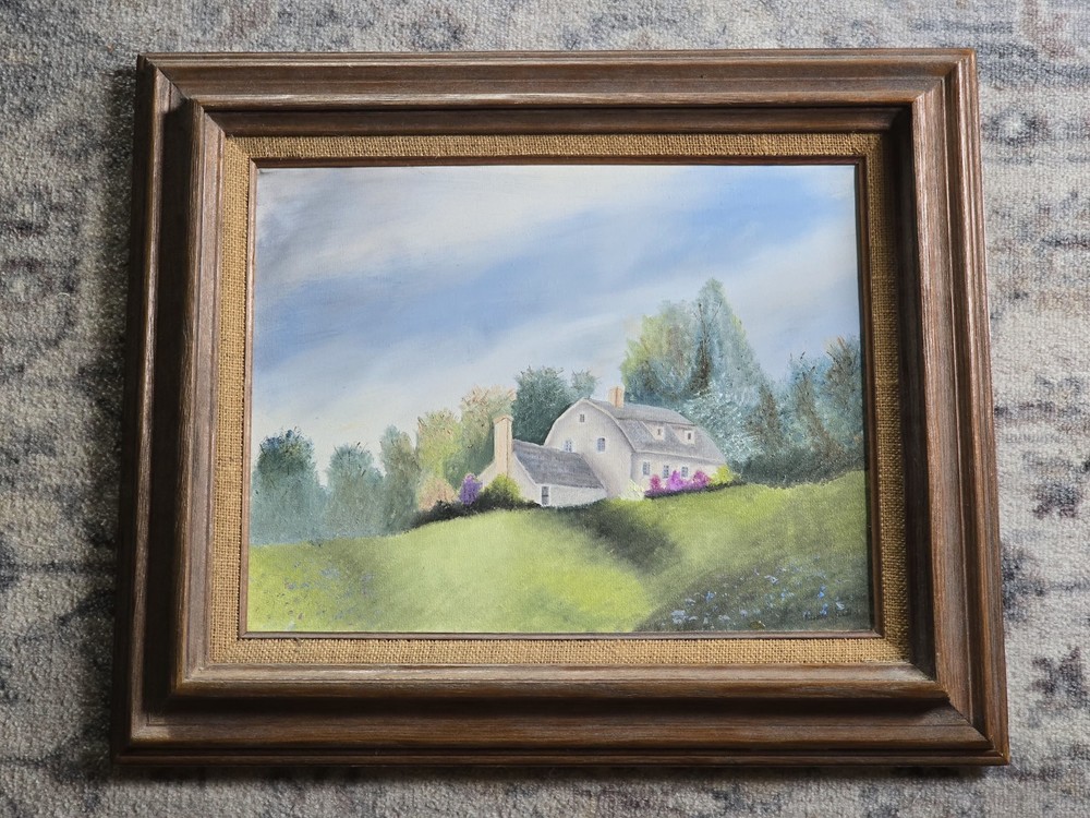 Vintage Oil Painting Canvas Wood Frame Farmhouse Landscape 25″ X 22″ Signed
