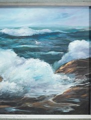Vintage Impressionist Oil Painting of Rocky Seascape by R. McMahon 22.5×28.5″