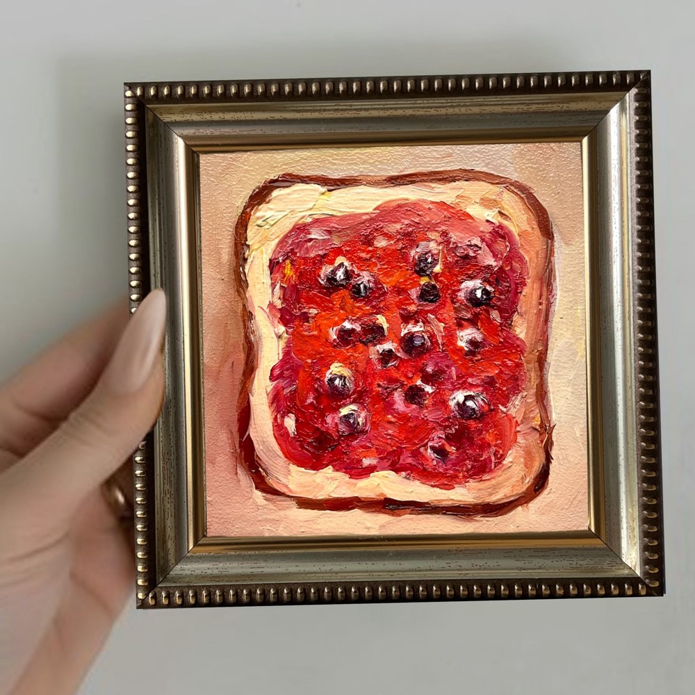 Sandwich with Berry Jam Original Oil Painting Food Bread 4x4inches Signed