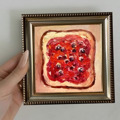 Sandwich with Berry Jam Original Oil Painting Food Bread 4x4inches Signed