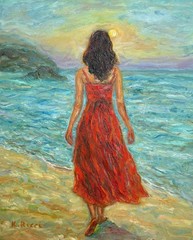 Woman in Red Waves Walking Original Oil Painting on Canvas Seascape Romanic Art