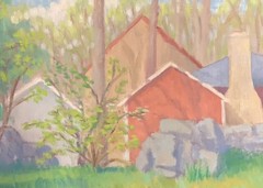 VINTAGE MID CENTURY MODERN ABSTRACT FARM YARD LANDSCAPE OIL PAINTING