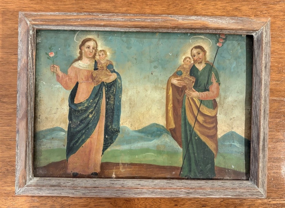 19th Century Retablo Religious Art Mexican Oil on Tin Painting Holy Family