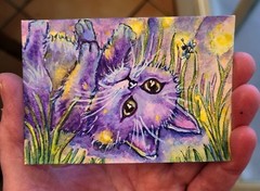 ACEO Original Painting OOAK – Fireflies – Cat – Bartshe