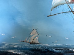 Large Vintage Oil Painting Sailing Ship Seascape Signed Maritime Ocean Art