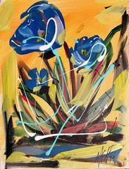 Maria Art BLUE FLORAL 14×11 Canvas Board Original Abstract Flowers Wall Decor
