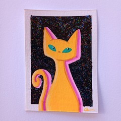 ACEO Original Painting Yellow Cat On Black Glitter Background Fantasy Caidart
