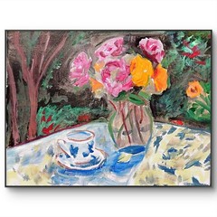 Tea and Flowers Canvas Modern Impressionistic Original Handmade Signed Art BACH