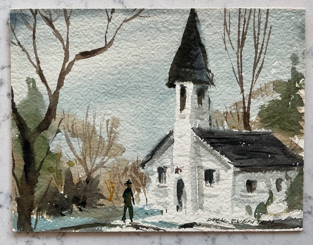 VINTAGE SIGNED WATERCOLOR PAINTING CHURCH BUILDING DREW EVENSEN EVENSON