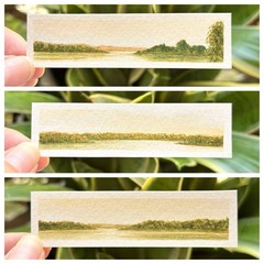 Original watercolor landscape triptych painting. “Golden hour on the Lakes” OOAK