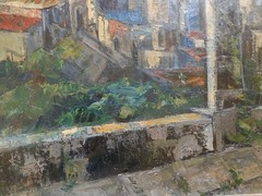 1950’s LRG Mid century Modern Abstract Cityscape Oil Painting Signed 35 x 29 in