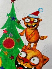 Christmas .Cats. Acrilyc on canvas 20×25 cm Hand Painted style Vasya Lozhkin
