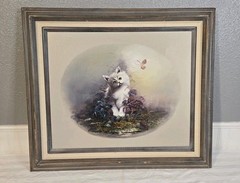 Vintage Kitten Oil Painting – 30-1/2″ Wide x 26-1/2″ Tall – Artist Unknown