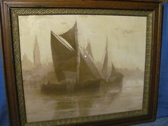 Antique Pastel Boston Harbor Skyline at Dawn by Clarence E. Braley