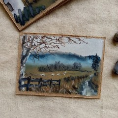 ACEO Original Sheep Landscape Painting Moody Rural Field Countryside Mini Art