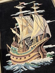 Vintage Velvet Painting Paint by Number? Sailing Ship Galleon Framed Art 18×14″