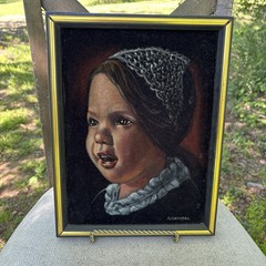 Vintage Portrait Of A Child Painted On Black Velvet Signed by Artist 10”x13”