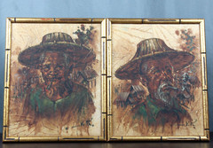Pair signed, original paintings, portraits on Tobacco leaves, Asian man & woman