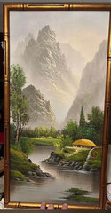 asian inspired oil painting 25×13 with bamboo framing vintage