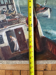 Vintage 1930s Oil on Canvas Landscape Nautical Boat Scene 15×19 Jean Schweckler