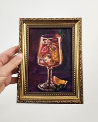 Strawberry Citrus Sangria Original Oil Painting Framed Cocktail Bar Art 5×7 OOAK