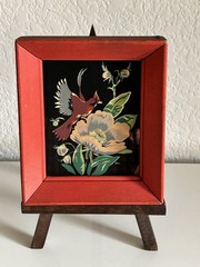 Original Folk Art Cardinal Bird Floral Painting Red Wood Frame Signed Lou 5×6