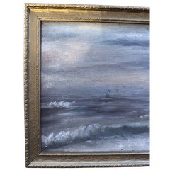 1912 Painting A – Ocean Sea Rocky Coast Boats Gulls Subdued Sunlight 20×10 Moody