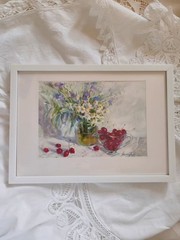 art 766 Original Still Life Oil Painting paper Cherries and chamomile 6×9 in