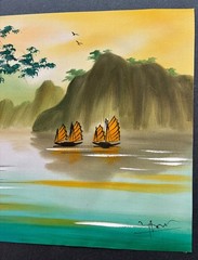 MidCentury SIGNED MINIATURE CHINESE OIL PAINTING on Fabric 12 1/4” x 8 1/4″