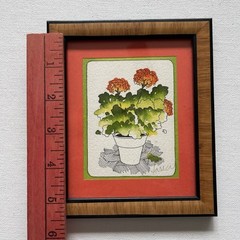 Charlotte Sasser Signed Hand Painted Engraving Art Miniature 6×5” Geraniums