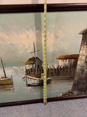 Ships in A Harbor Fishing Boats Original Oil Painting  by W. Jones Signed 24x 36