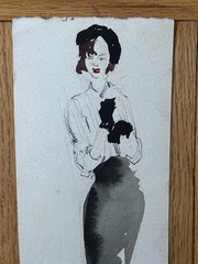 VTG 1950’s MCM Watercolor Painting Woman Dress Fashion 4 x 11 OOAK