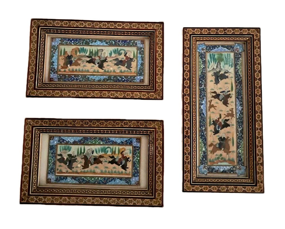3 Vintage Persian Miniature Painting Khatam Marquetry Frame Hunting Chovgan Art