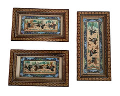 3 Vintage Persian Miniature Painting Khatam Marquetry Frame Hunting Chovgan Art