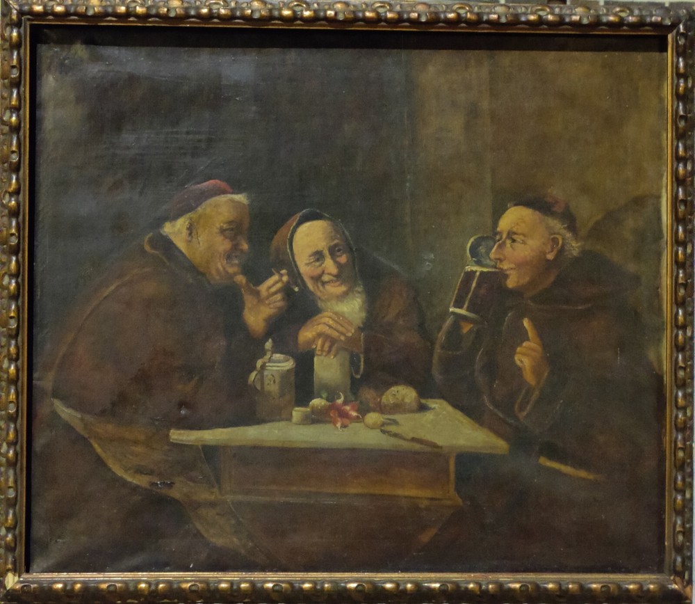 ANTIQUE EUROPEAN SCHOOL OIL ON CANVAS PAINTING OF THREE MONKS IN TAVERN