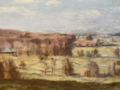 OIL PAINTING MONOGRAM R.M ° IN BEECHGGBERG FRAME ANTIQUE SWITZERLAND MEADOWS HOUSES NATURE