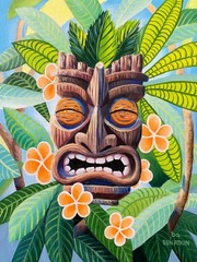 Tiki Painting Original Oil on Panel 6×8″ Orange Plumeria Flowers – Framed 10×12″