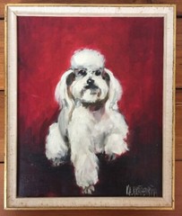 Vtg 1964 Mona White Poodle Dog Puppy Outsider Art Framed Signed Oil Painting