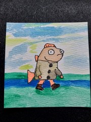 Original Art Painting Whimsical Fish On Paper 3 inch Home Decor Signed GAT