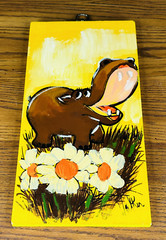 HIPPOPOTAMUS WOOD VTG HAND PAINTED ART SIGNED by Walker Flower Yellow Red Hippo