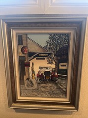 H. HARGROVE FRAMED Standard Oil Gas Station Car Wash Old Car Packard Chevy
