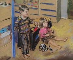 N. R. Original Painting Children Playing Siblings Brothers Paint Mystery Artist