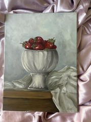 Original Strawberry Still Life Oil Painting, Wall Art, Vintage European Style