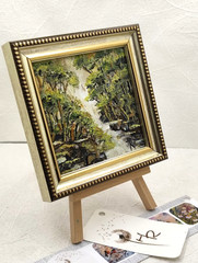 Original Oil Painting 4×4 in Framed Signed Evening Forest Landscape Impasto Art