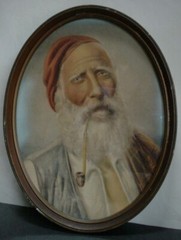 Bearded Old Man Smoking Long Pipe Antique Oval Frame
