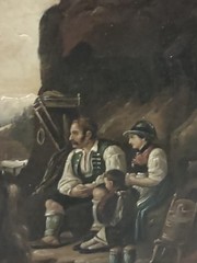 19th Century European Oil Painting – Family and Horse in Mountain Landscape