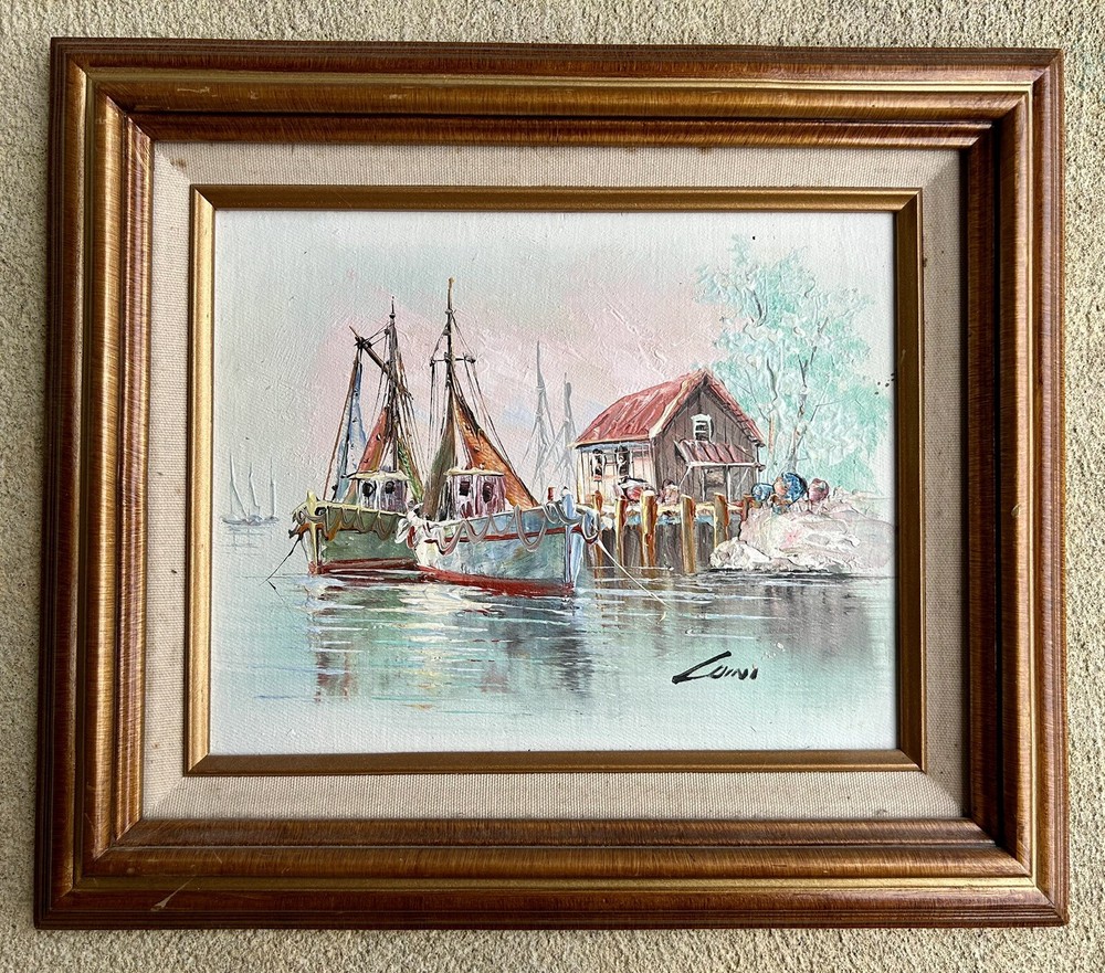 Vintage 1970’s Oil Painting Of Fishing Boats At Dock
